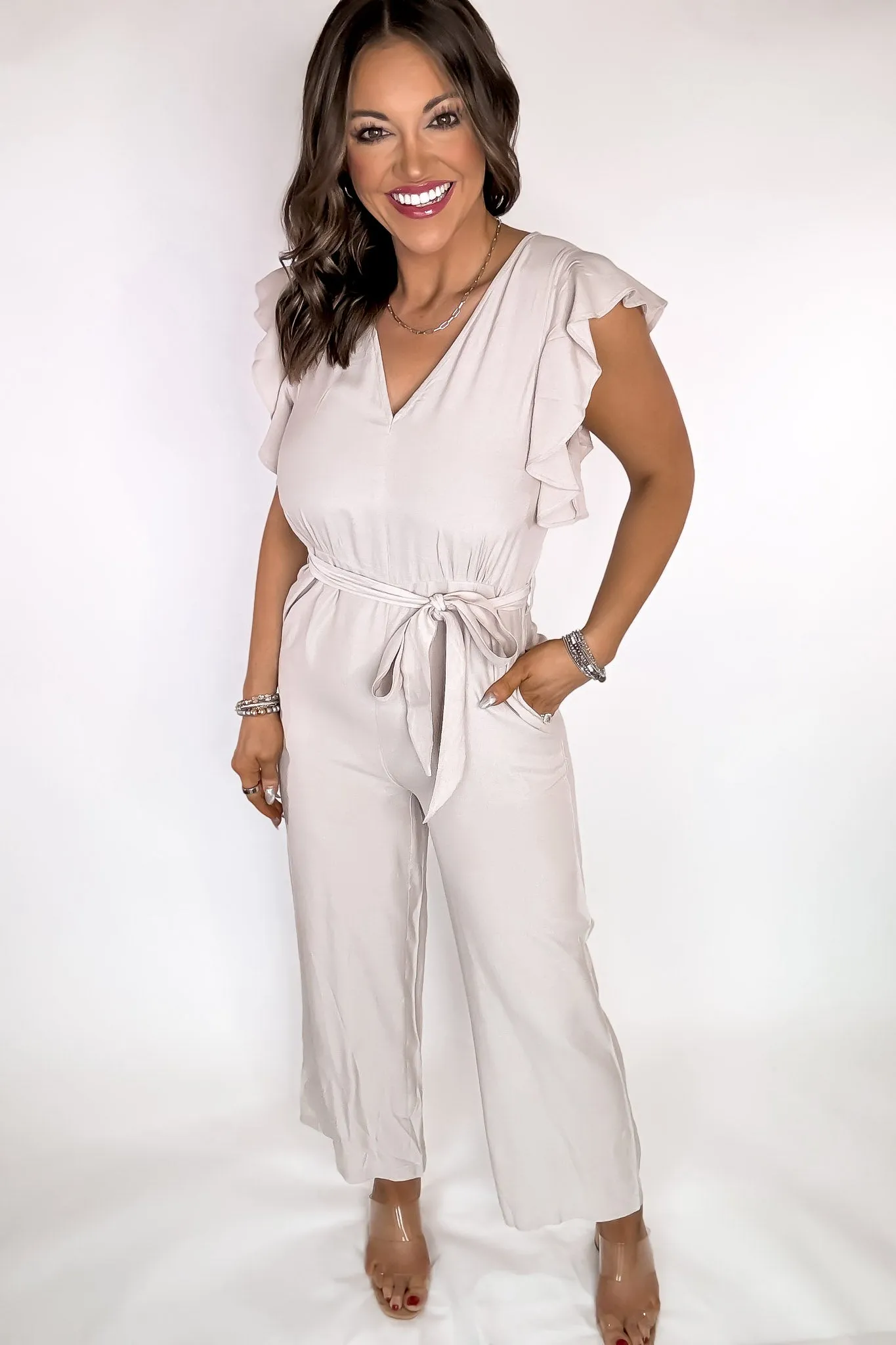 Excited To See Beige Ruffle Sleeve Jumpsuit