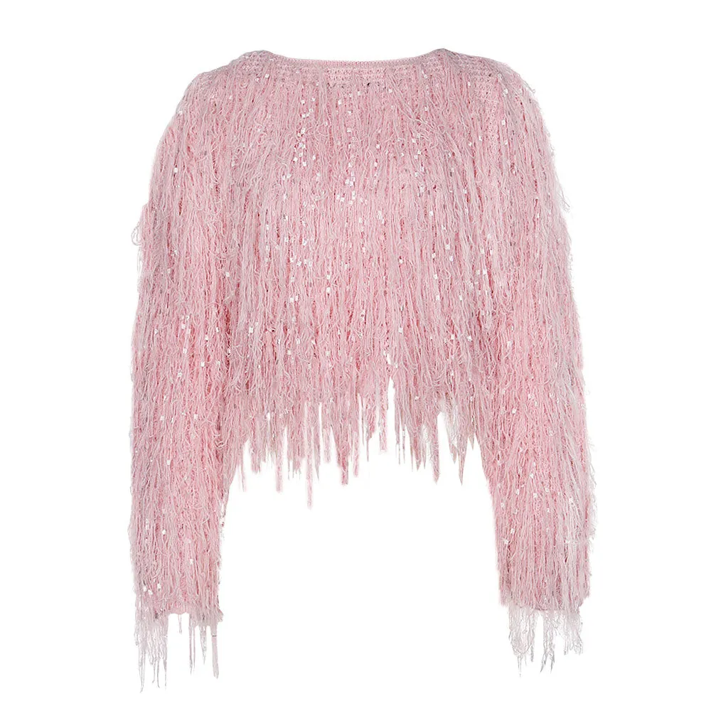 Fancy Pink Crew Neck Fringe Long Sleeve Cropped Pullover Sweater