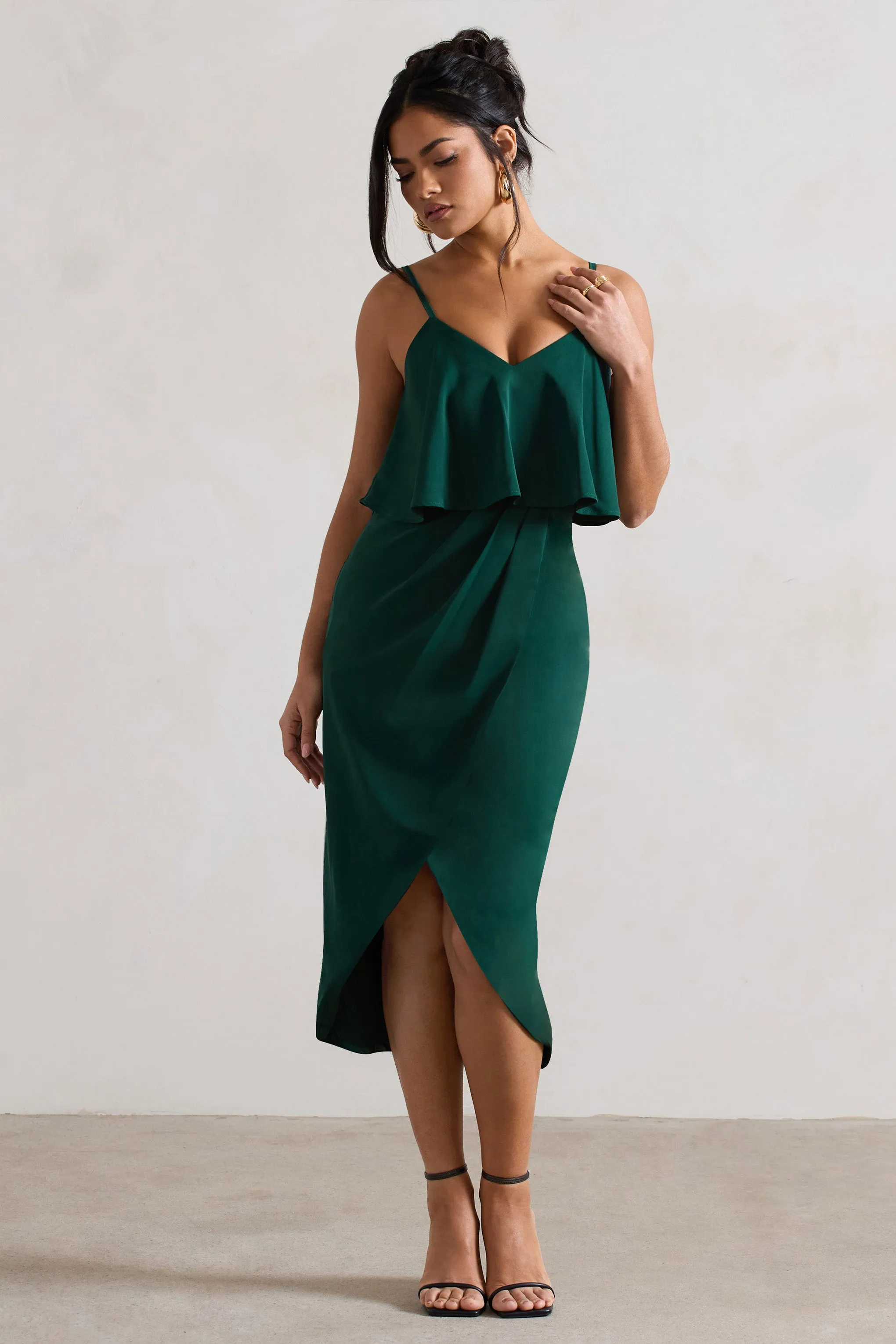 Faro | Bottle Green Strappy Draped-Neck Wrap Midi Dress