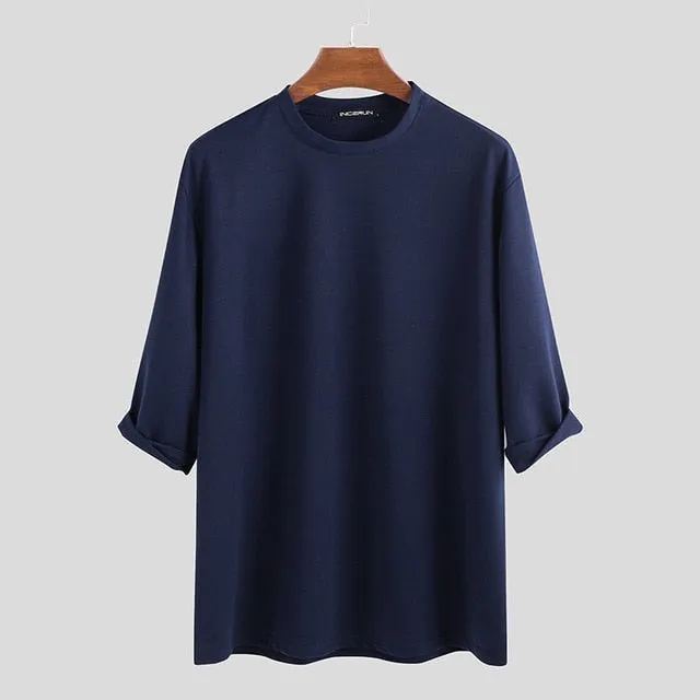 Fashion Men Casual T Shirt Plain Cotton 3/4 Sleeve Crew Neck Baggy T-shirts Streetwear Camiseta Masculina Plus Size