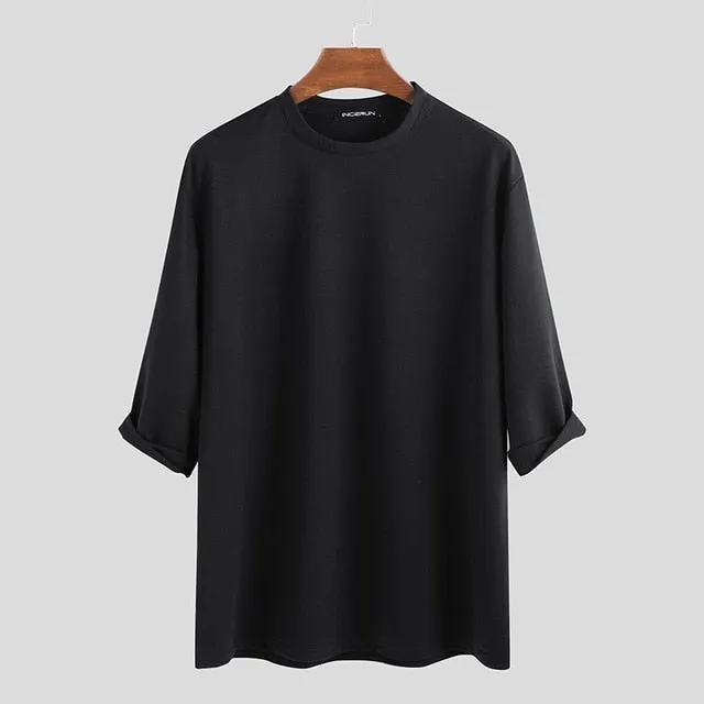 Fashion Men Casual T Shirt Plain Cotton 3/4 Sleeve Crew Neck Baggy T-shirts Streetwear Camiseta Masculina Plus Size