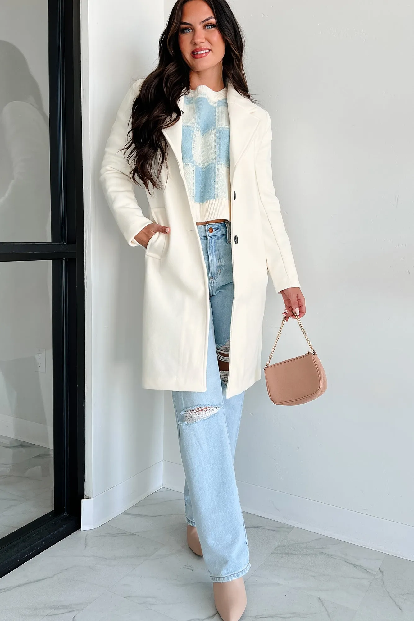 Fashionable For Fall Brushed Fleece Trench Coat (Ivory)