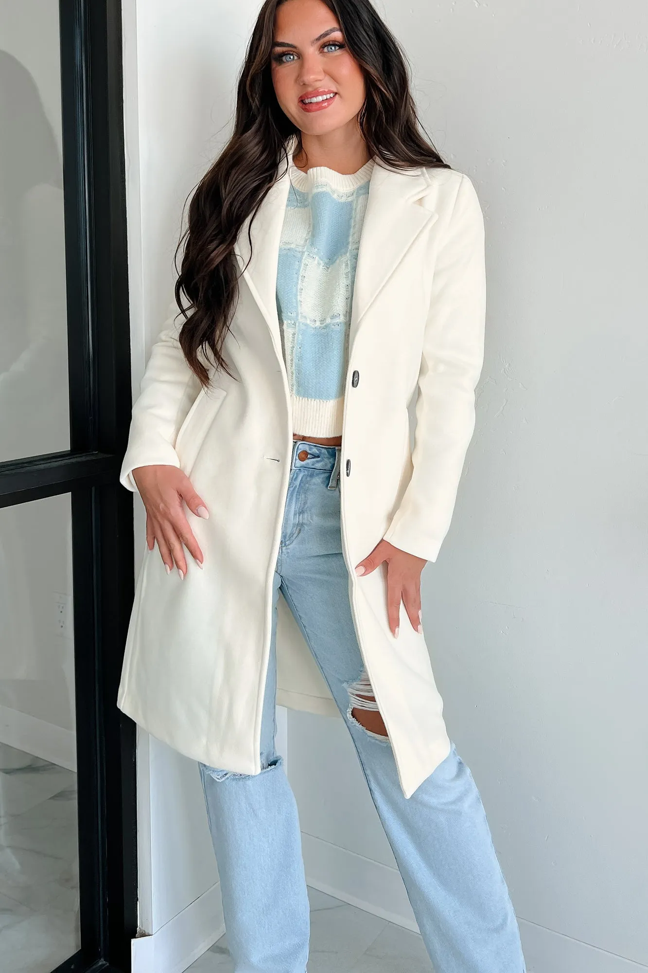 Fashionable For Fall Brushed Fleece Trench Coat (Ivory)