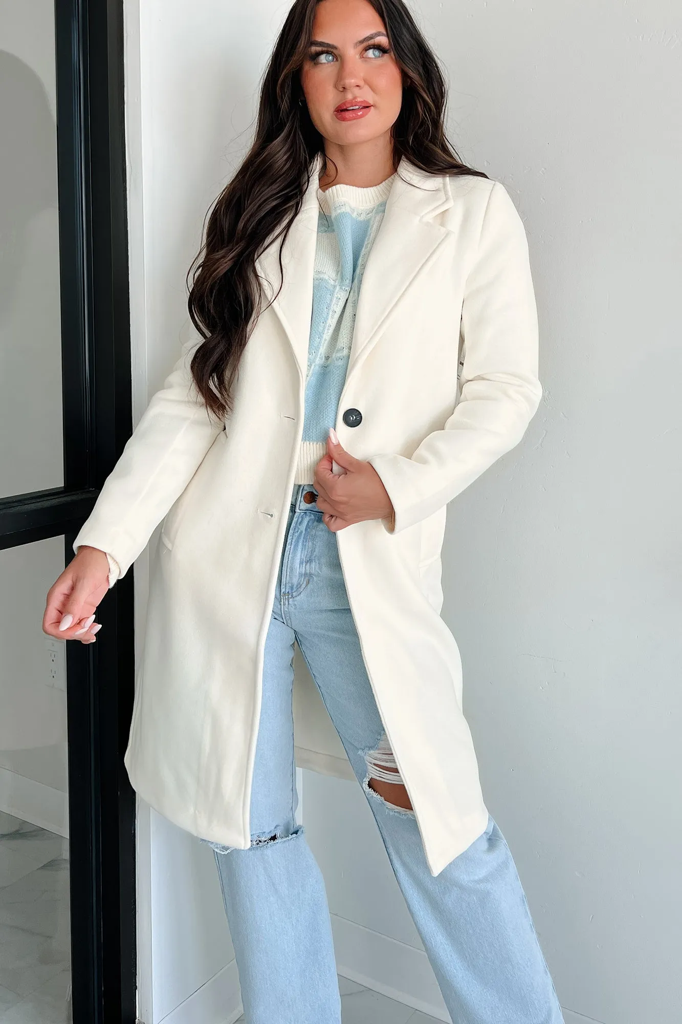 Fashionable For Fall Brushed Fleece Trench Coat (Ivory)