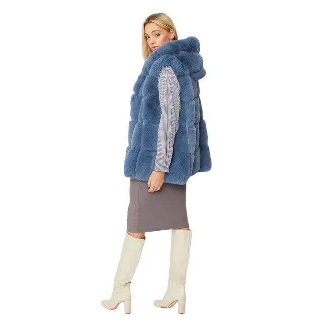 Faux Fur Long Hooded Gilet Silver Blue