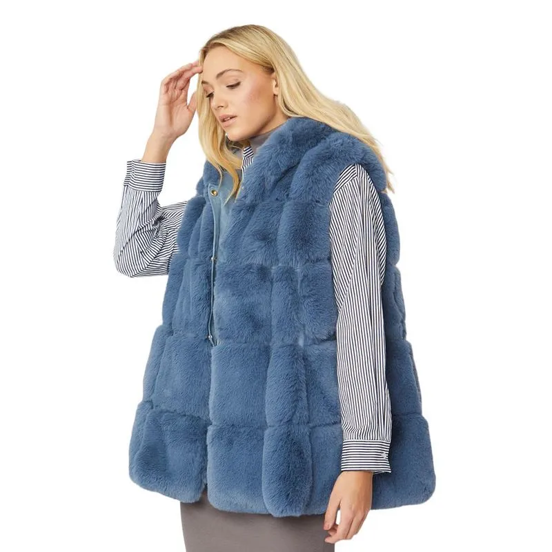 Faux Fur Long Hooded Gilet Silver Blue