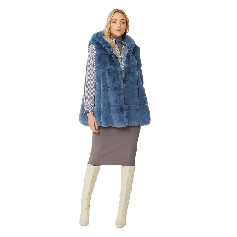 Faux Fur Long Hooded Gilet Silver Blue