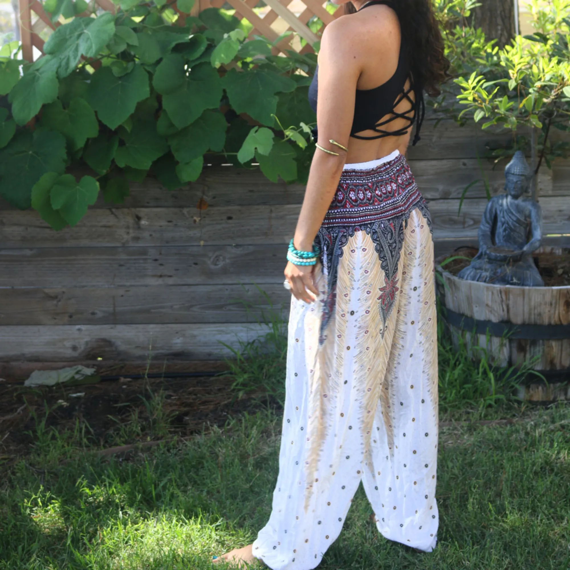 Feather Design  Straight Leg Harem Pants in White