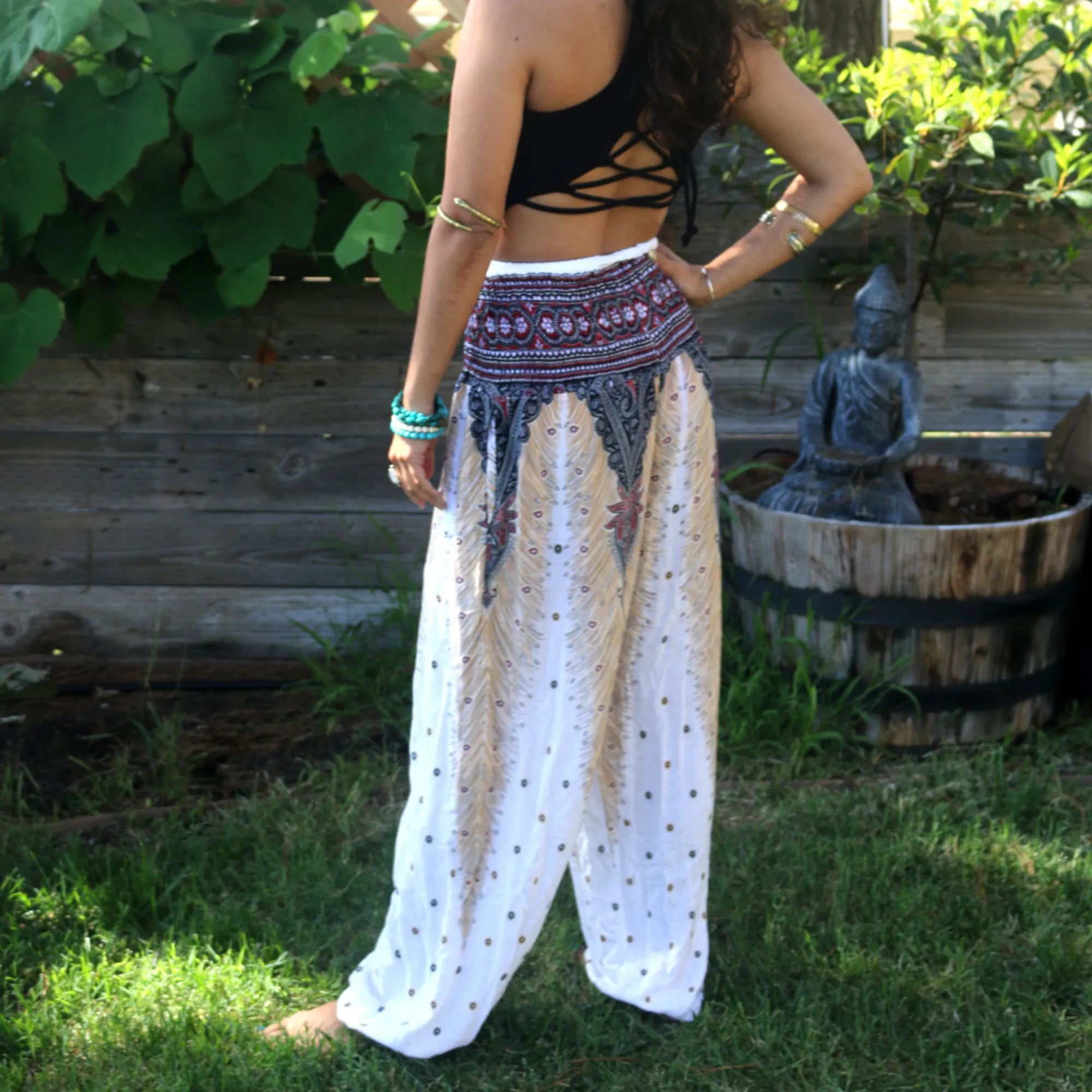 Feather Design  Straight Leg Harem Pants in White