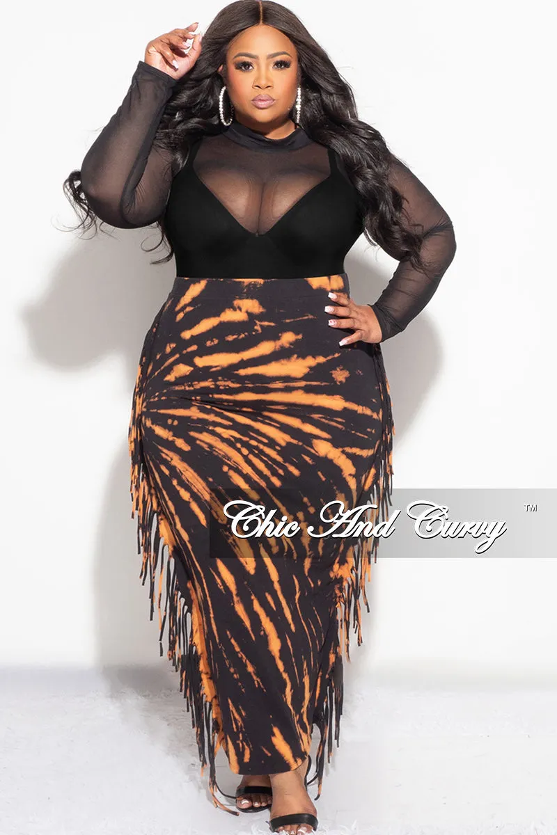 Final Sale Plus Size High Waist Fringe Trim Pencil Skirt in Black and Orange Tie Dye Print