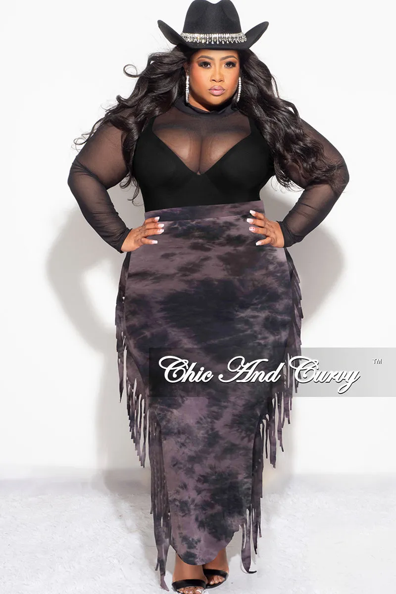 Final Sale Plus Size High Waist Fringe Trim Pencil Skirt in Black and Purple Tie Dye Print