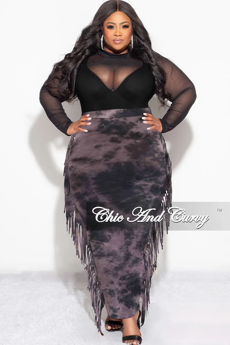 Final Sale Plus Size High Waist Fringe Trim Pencil Skirt in Black and Purple Tie Dye Print