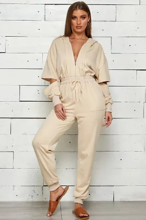 FRENCH TERRY HOODED FRONT ZIP JUMPSUIT