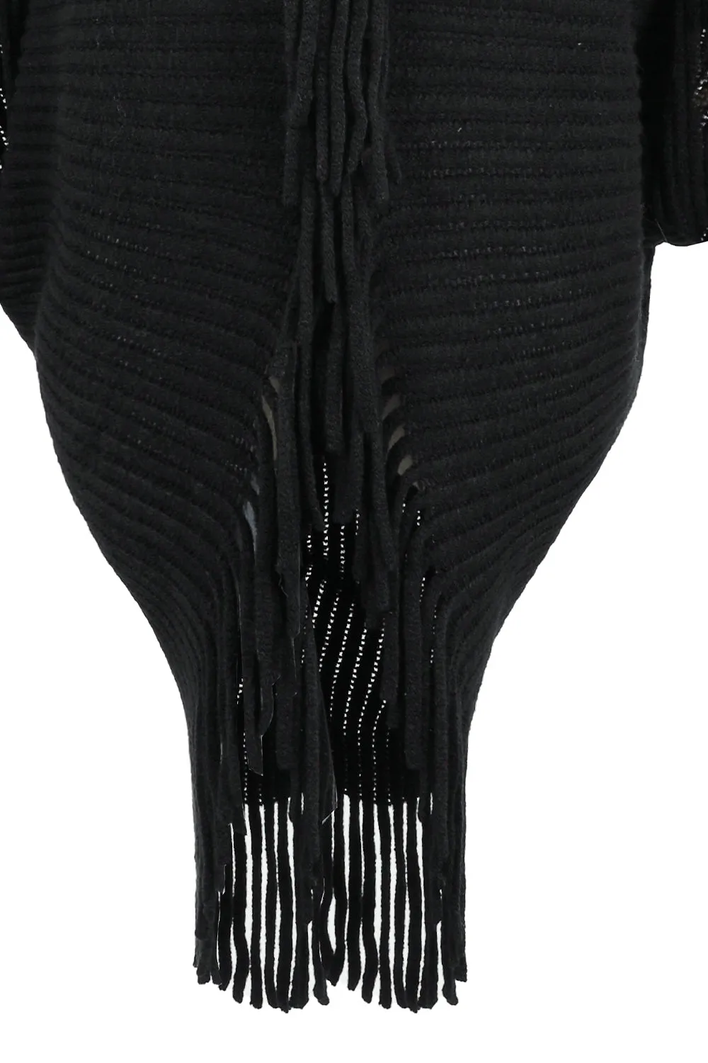 Fringe Detail Long Sleeve Ribbed Poncho