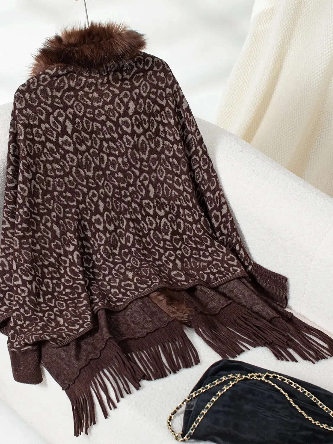 Fringe Leopard Open Front Long Sleeve Poncho