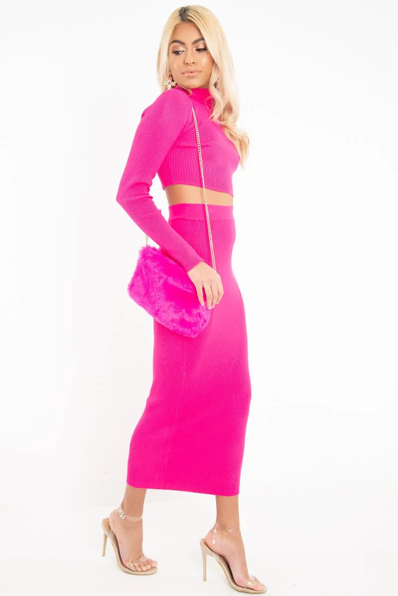 Fuchsia Rib Knitted Midi Skirt - Kloey