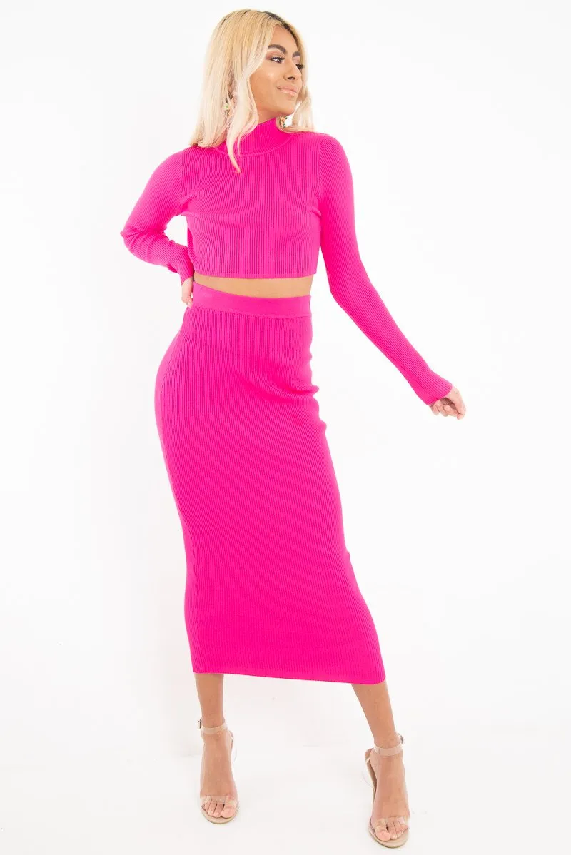 Fuchsia Rib Knitted Midi Skirt - Kloey