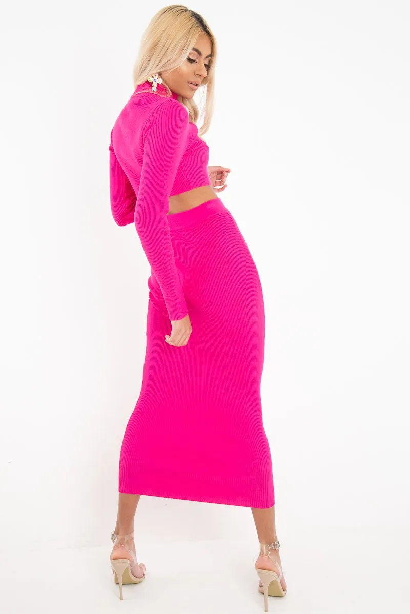 Fuchsia Rib Knitted Midi Skirt - Kloey