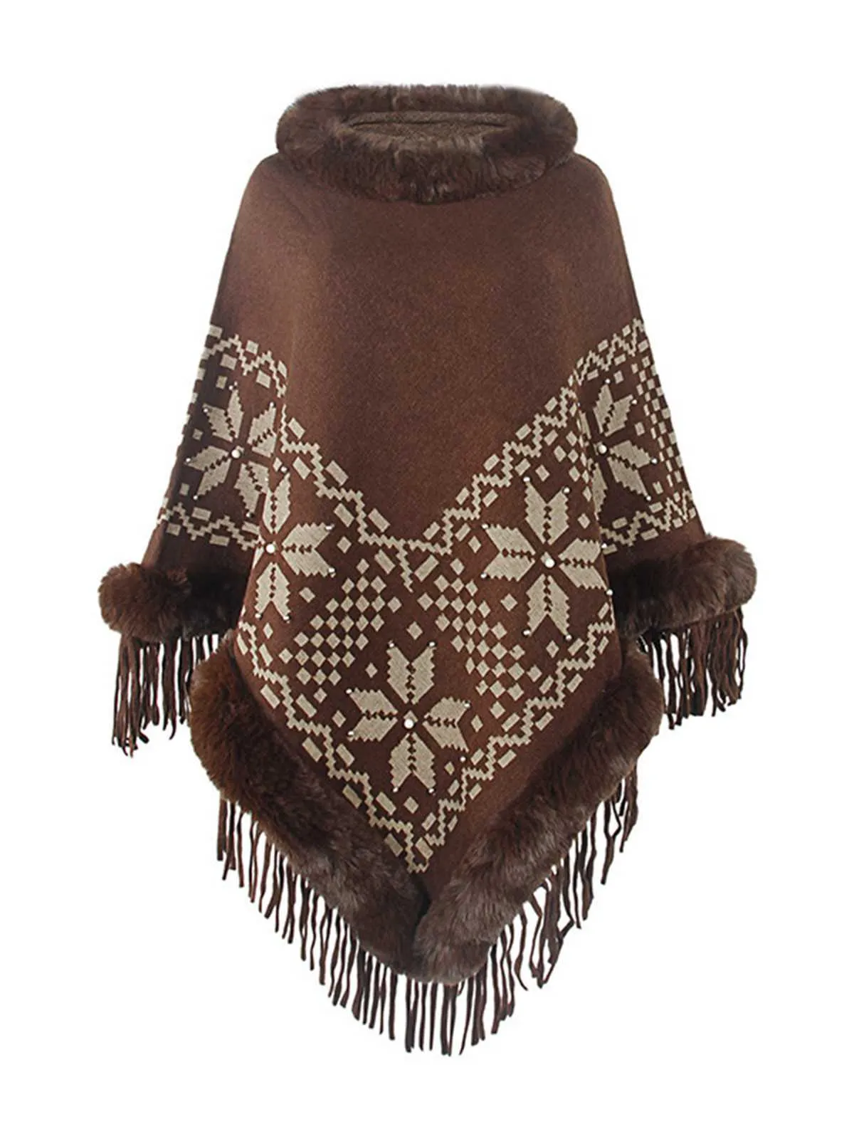 Fur Trim Patchwork Beaded Fringe Shawl