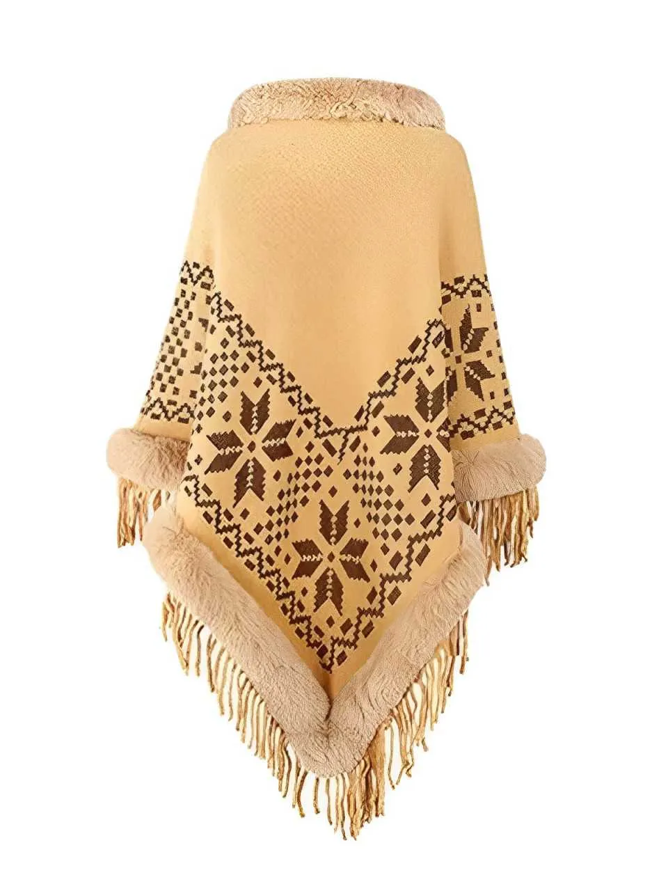 Fur Trim Patchwork Beaded Fringe Shawl