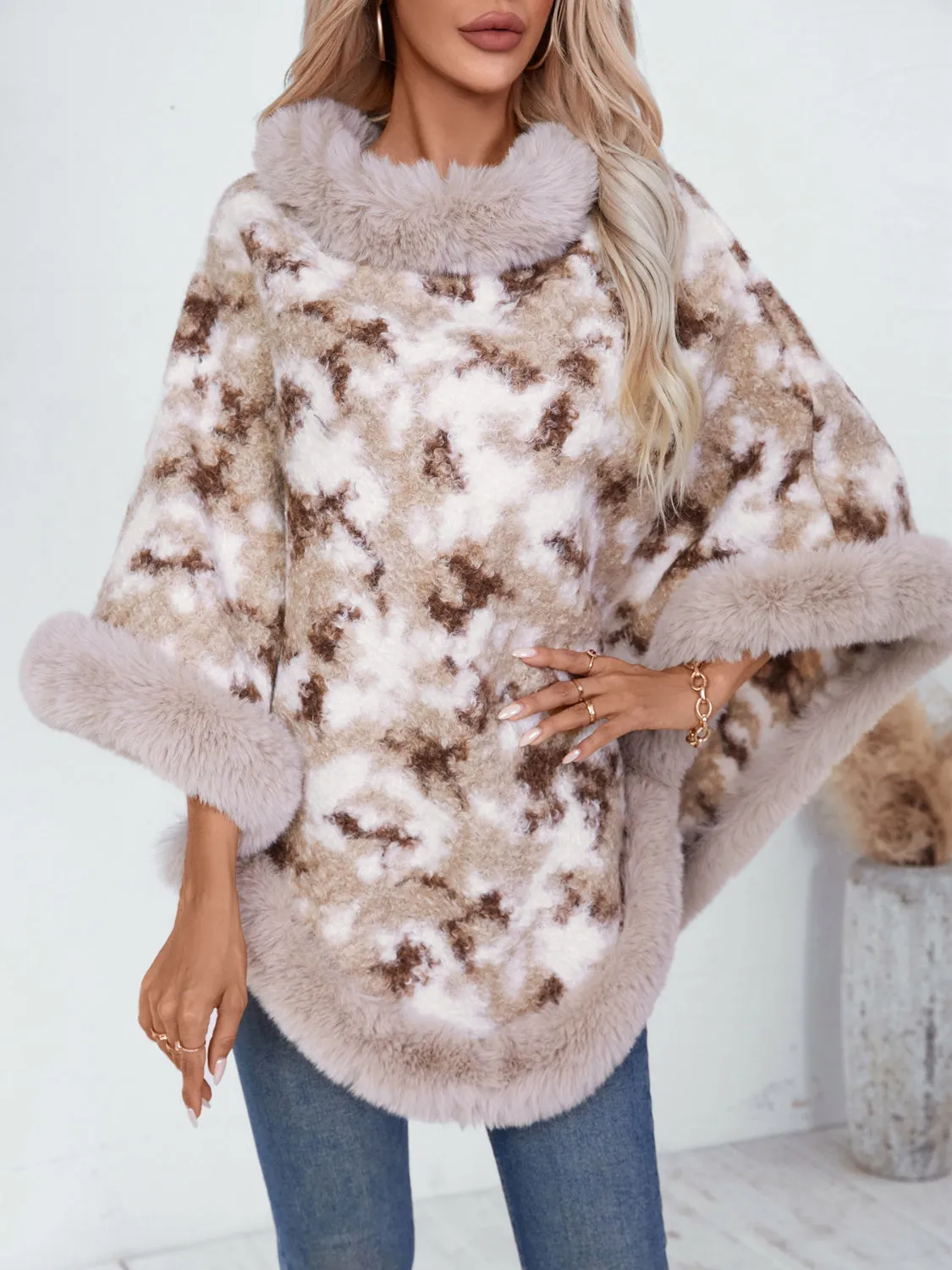 Furry Contrast Three-Quarter Poncho