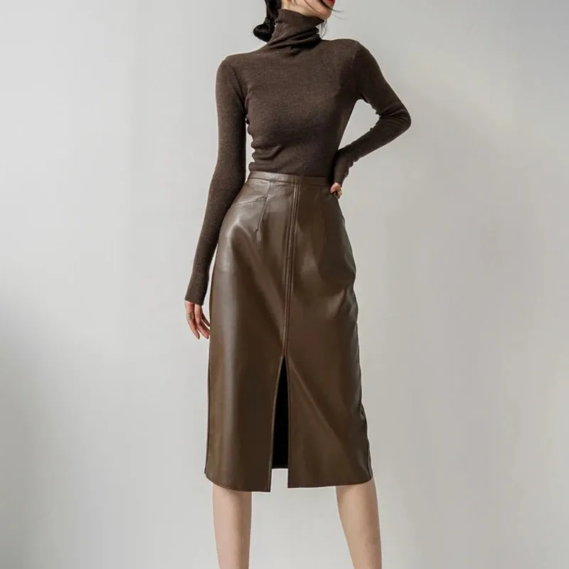 Genuine Leather Fashionable Versatile Mid-Length Skirt Bottom