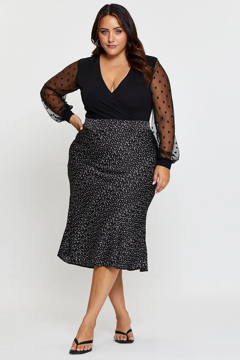 Geo Print Midi Satin Skirt Elastic Waist