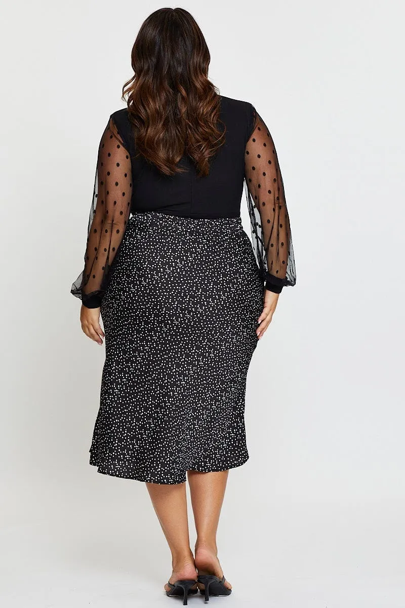 Geo Print Midi Satin Skirt Elastic Waist