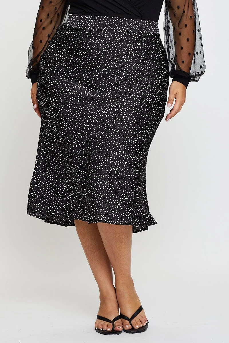 Geo Print Midi Satin Skirt Elastic Waist