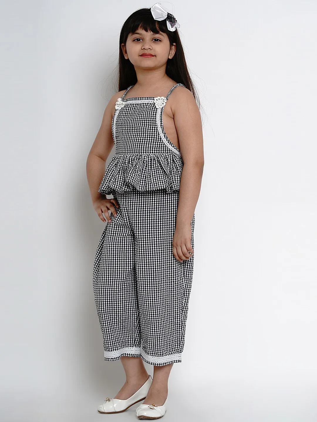 Girl's Black & White Checked Basic Jumpsuit  - NOZ2TOZ KIDS