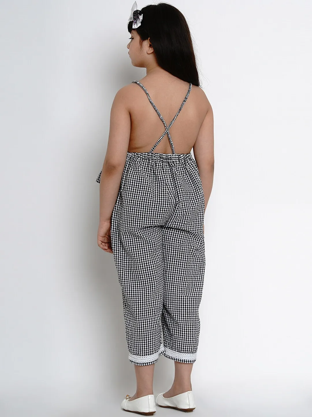 Girl's Black & White Checked Basic Jumpsuit  - NOZ2TOZ KIDS