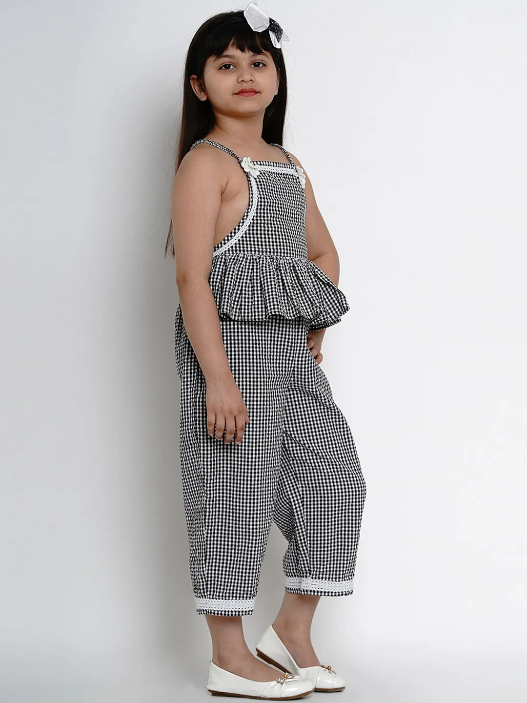 Girl's Black & White Checked Basic Jumpsuit  - NOZ2TOZ KIDS