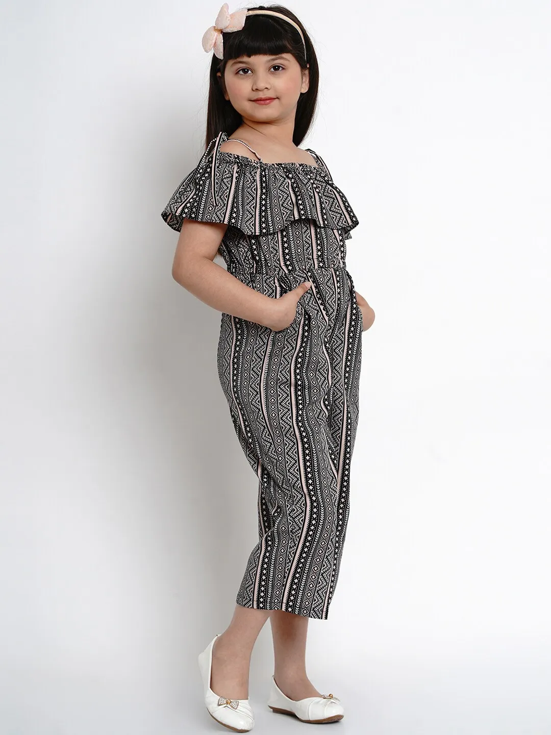 Girl's Black & Yellow Printed Basic Jumpsuit  - NOZ2TOZ KIDS