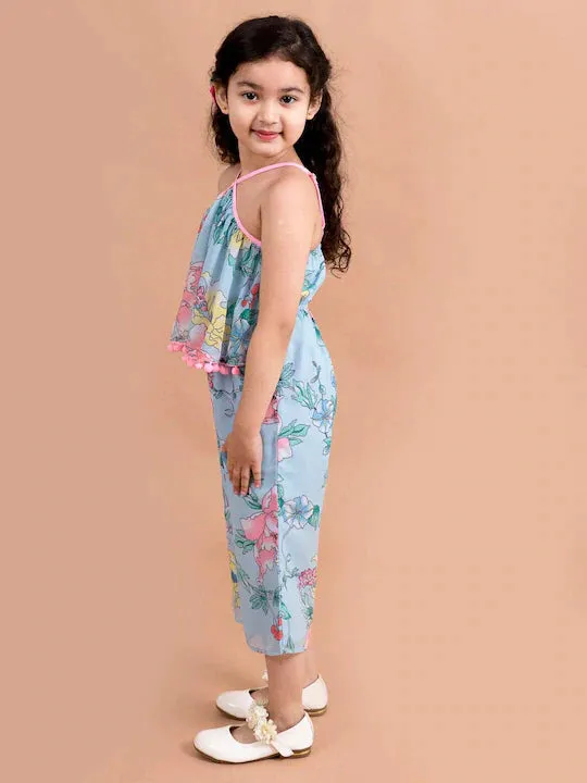 Girls Blue Pink Printed Cotton Halter Neck Umpsuit