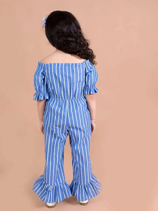 Girls Blue White Off-Shoulder Striped Basic Jumpsuit