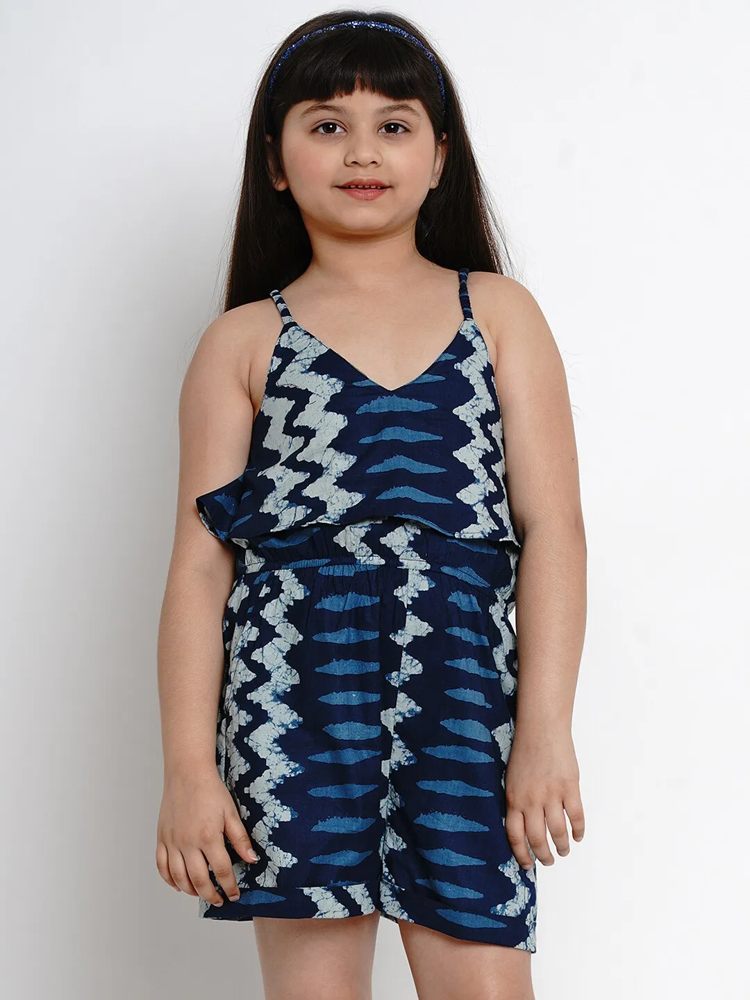 Girls Navy Blue Printed Playsuit