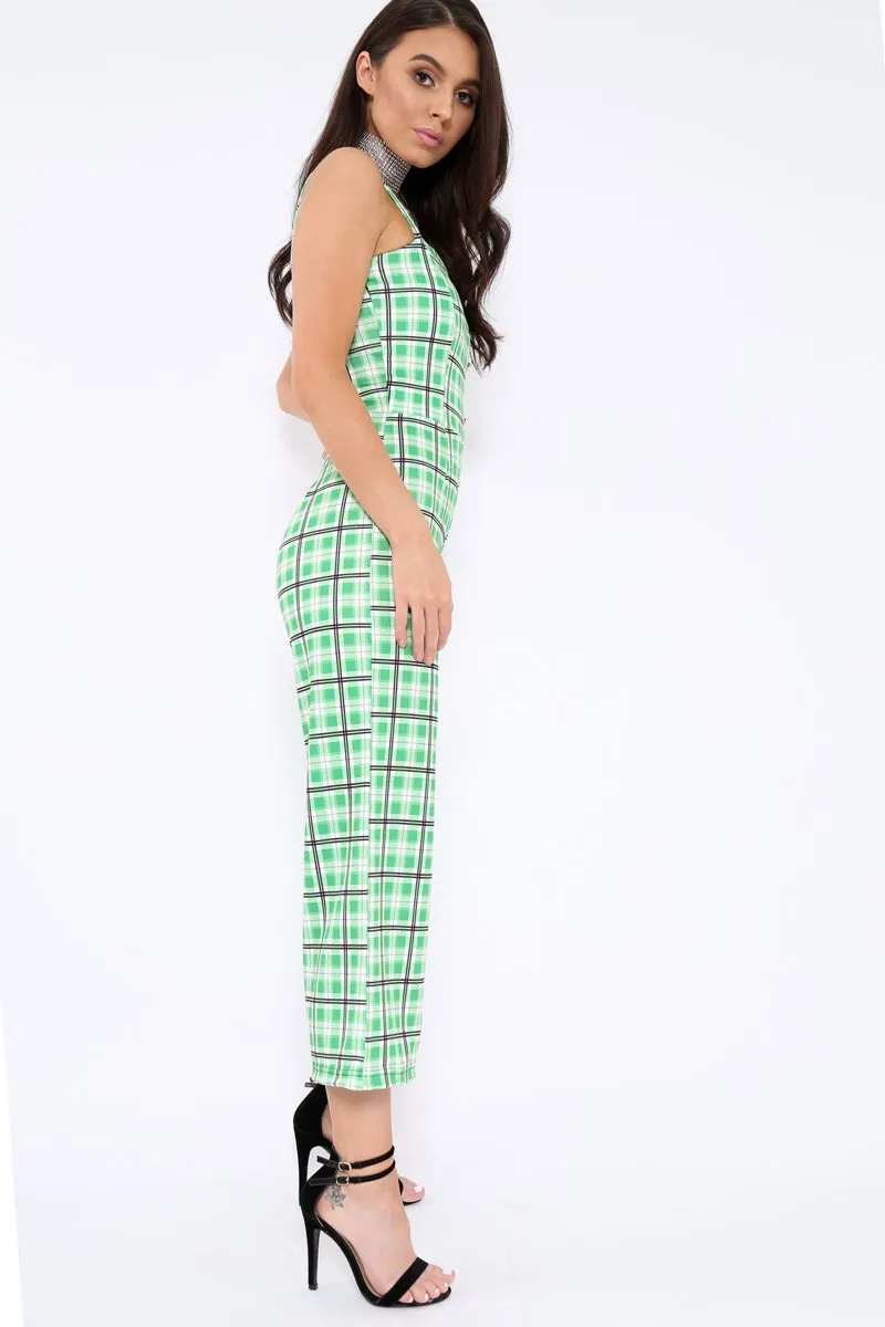 Green Check Silver Button Detail Jumpsuit - Lavaeh