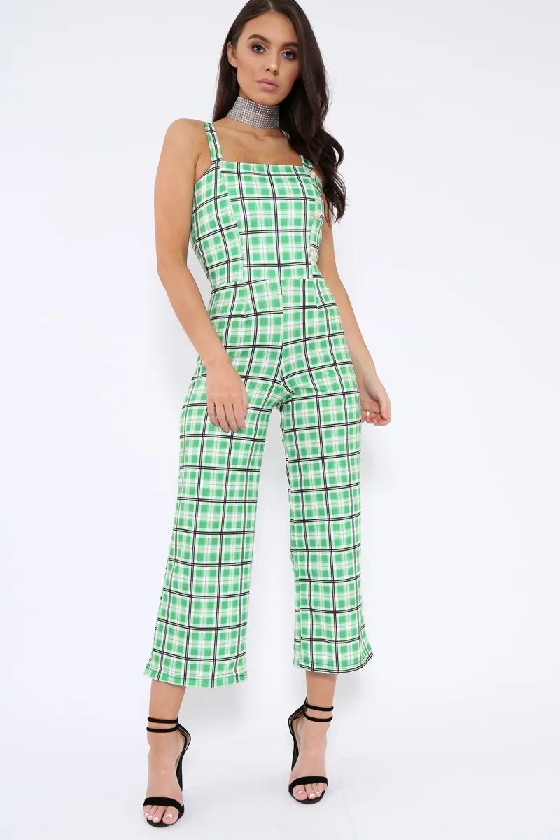 Green Check Silver Button Detail Jumpsuit - Lavaeh