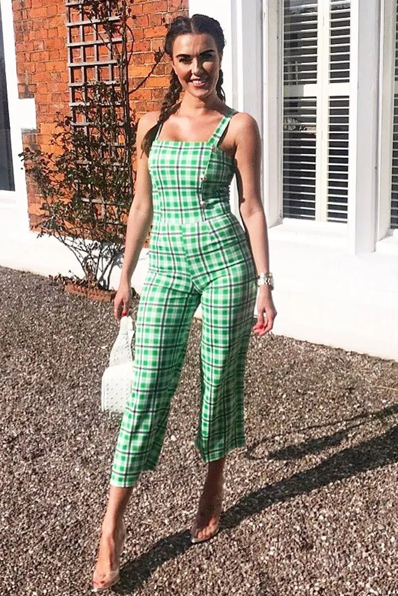 Green Check Silver Button Detail Jumpsuit - Lavaeh