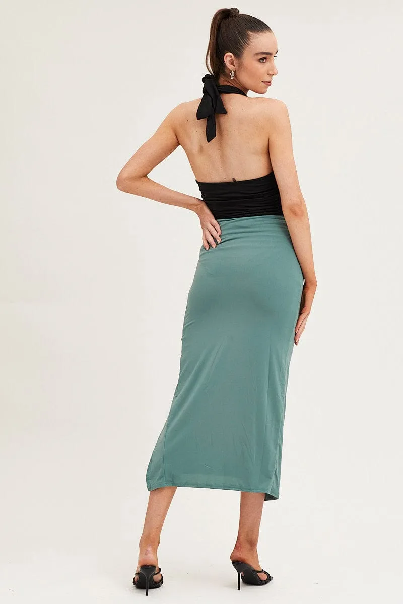 Green Front Split Midi Pencil Skirt Jersey