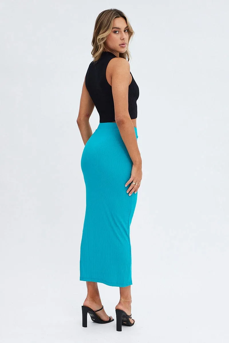 Green Midi Skirt High Rise Ribbed Jersey