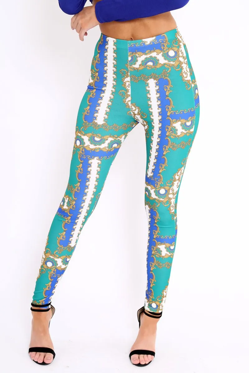 Green Scarf Print Leggings - Lilyan