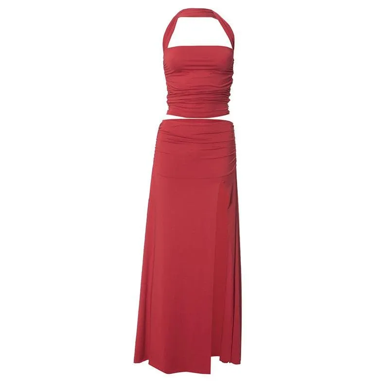 Halter ruched backless high slit maxi skirt set