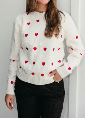 Heart Embroidery Sweater - Ivory/Red