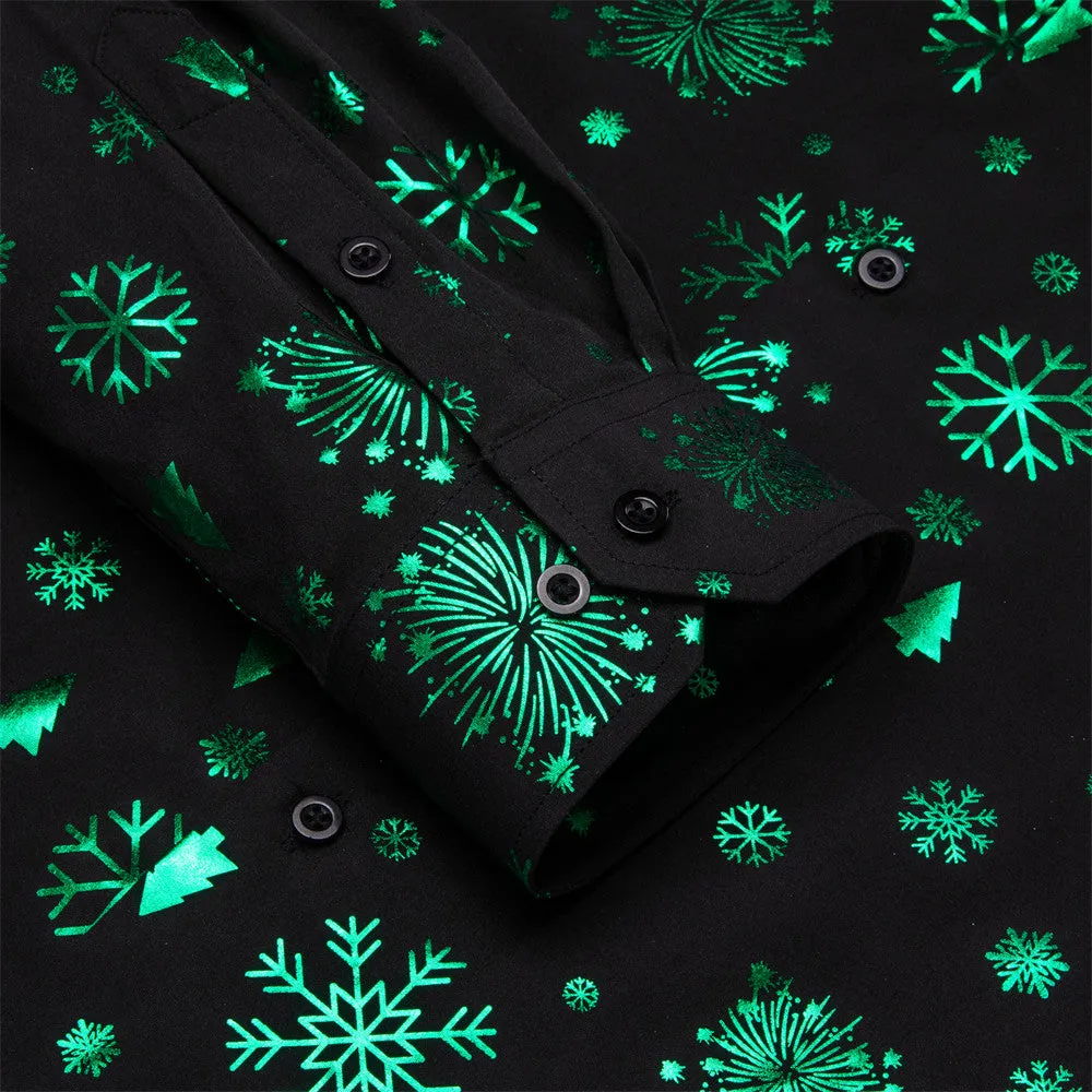 Hi-Tie Black Green Snow Christmas Silk Button-Down Long Sleeve Shirt