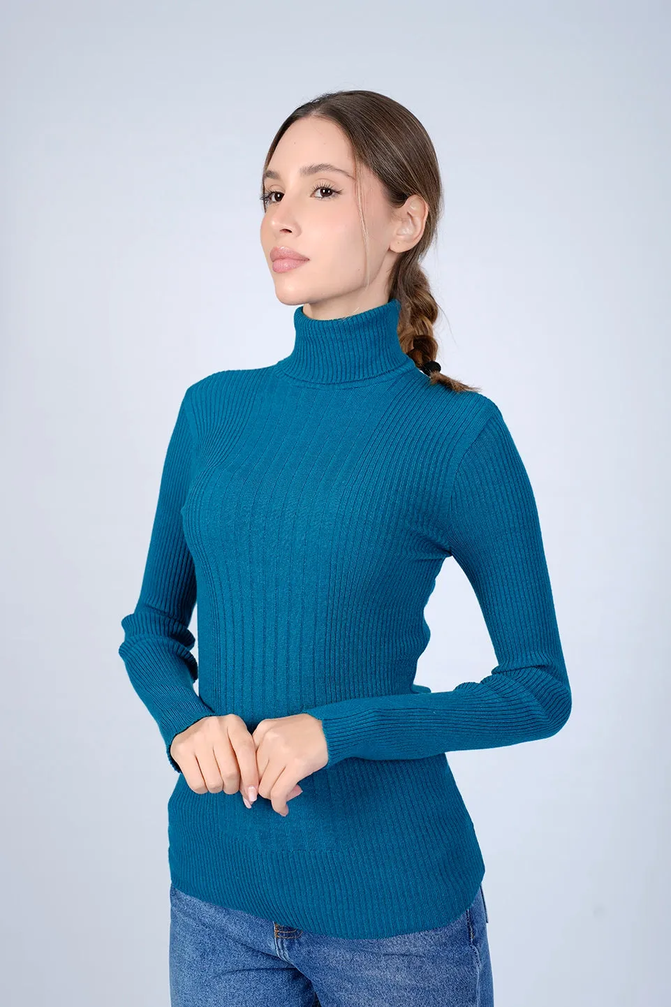 High Neck Ripped Indigo Sweater