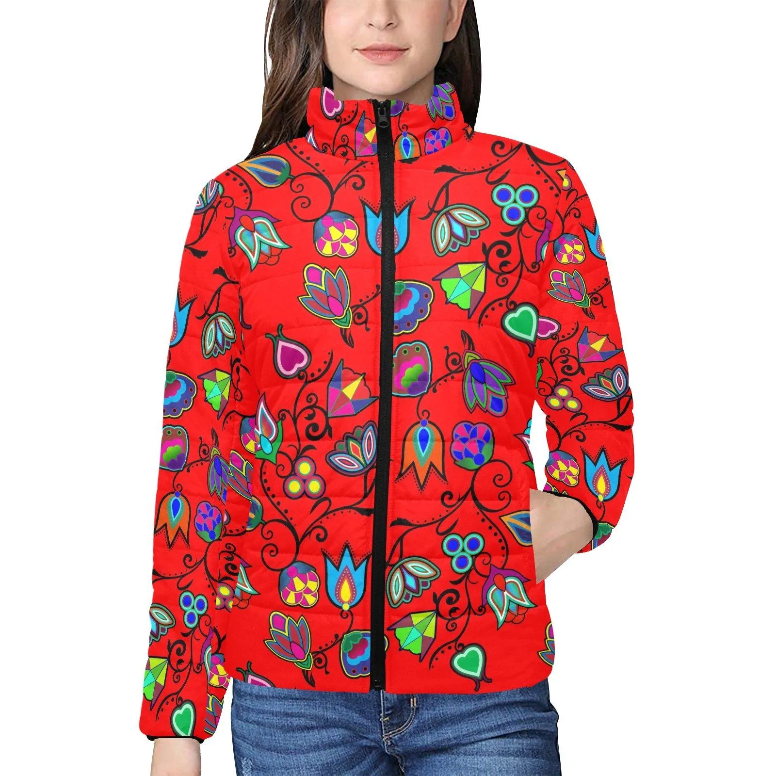 Indigenous Paisley Dahlia Women's Stand Collar Padded Jacket