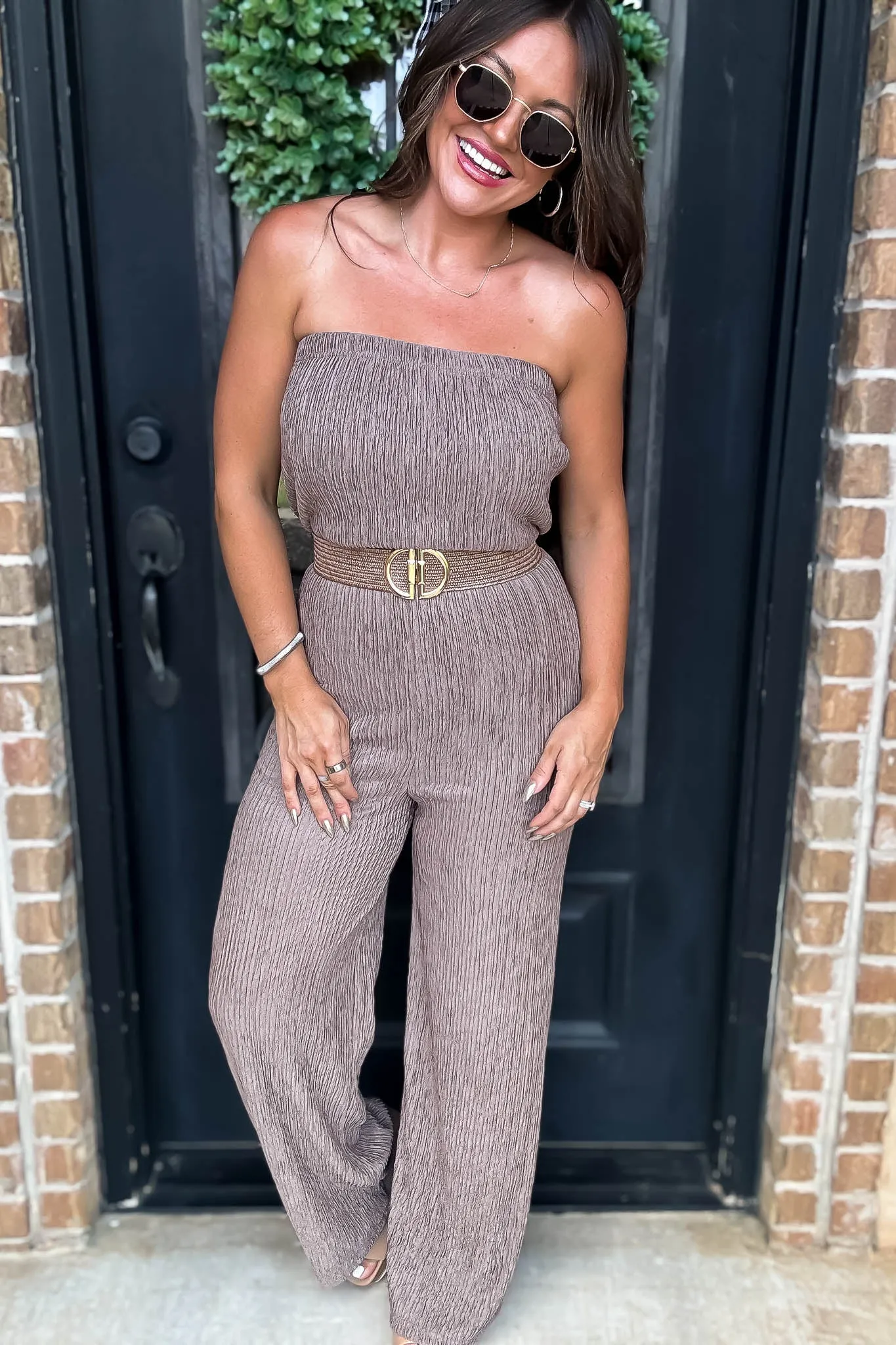 Iris Coco Strapless Belted Wide Leg Jumpsuit