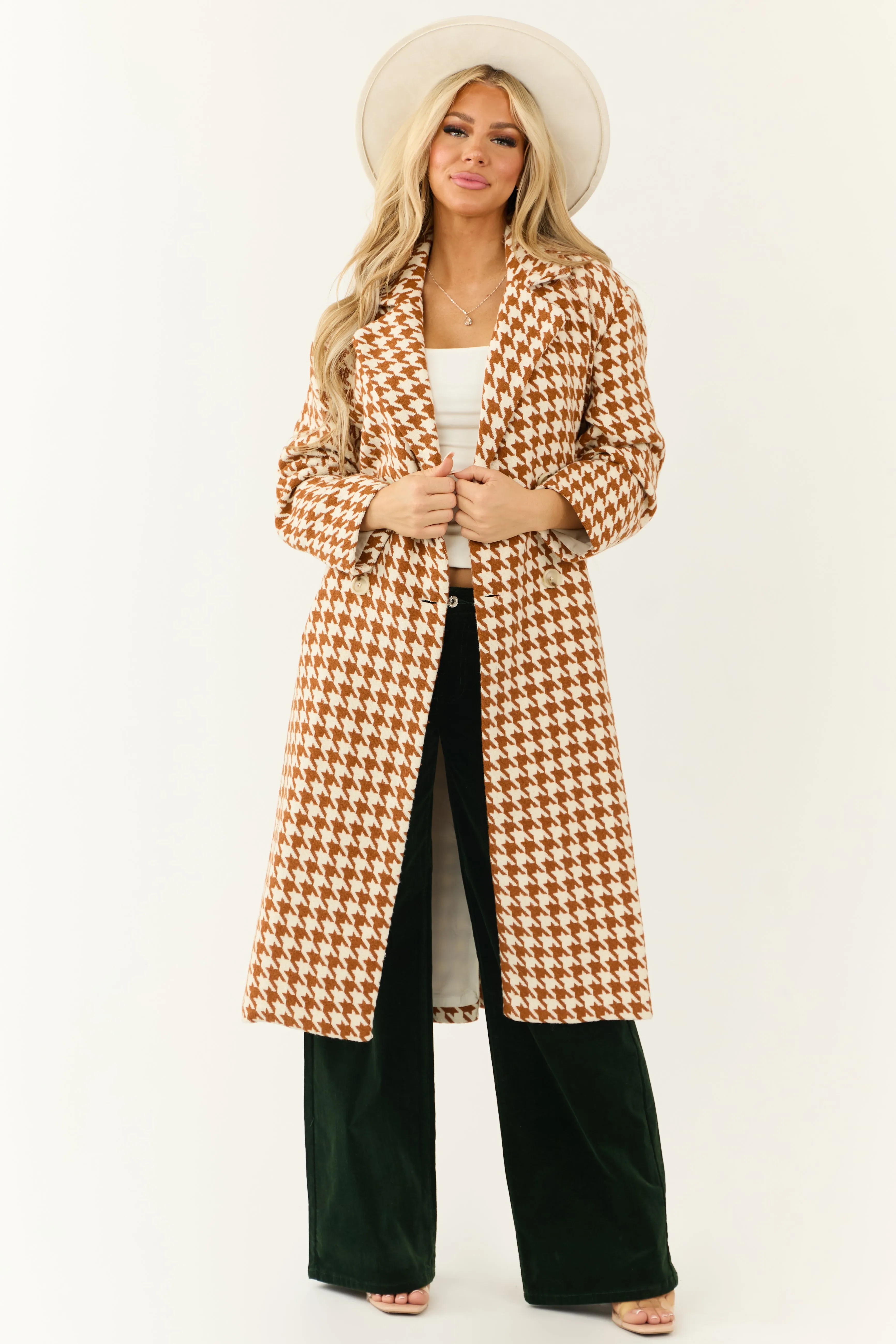 Ivory and Caramel Houndstooth Pattern Trench Coat