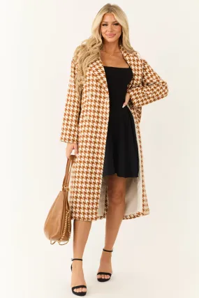 Ivory and Caramel Houndstooth Pattern Trench Coat